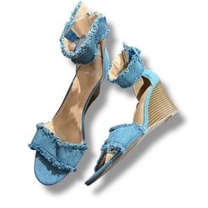 🆕 NY&Co Frayed Blue Denim Ankle-Strap Wedge Sandals